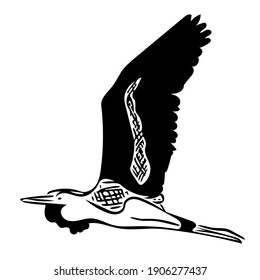 Ein Held im Flug. Schwarz-weißer Vogel einzeln auf weißem Hintergrund. Stilvolle Vektordoodle-Illustration für Logos, Embleme, süßes Kinderdesign.