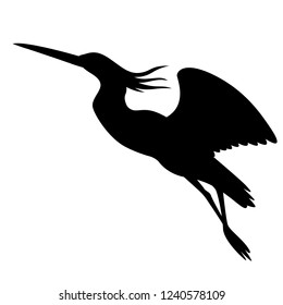heron in flight , vector illustration ,  black silhouette , profile view