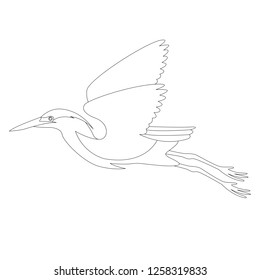 heron in flight ,vector illustration ,  lining draw ,profile view