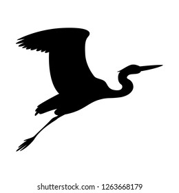 heron  flying, vector illustration ,  black silhouette , profile view