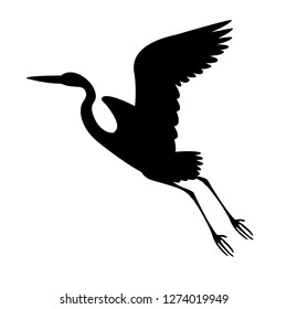  heron flying , vector illustration ,  black silhouette, profile view