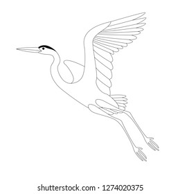  heron flying , vector illustration , lining draw, profile view