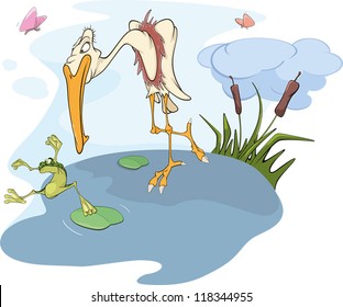 Heron and frog. Cartoon