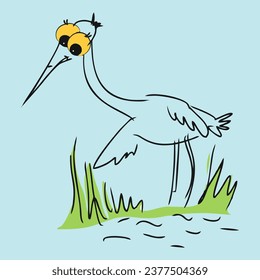 Garza en hierba y agua. Imagen. Gráficos vectoriales, eps