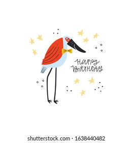 Heron with happy birthday phrase flat illustration