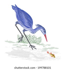 Heron hunting fish vector Illustration 