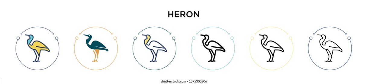 Heron icon in filled, thin line, outline and stroke style. Vector illustration of two colored and black heron vector icons designs can be used for mobile, ui, web