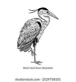 Heron illustration. Vintage heron hand drawn illustration in vintage engraving style