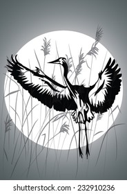 Heron in the moonlight. Vector background.