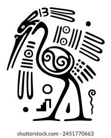 Heron motif of ancient Mexico. The Aztec aztatl, a long-legged and long-necked freshwater and coastal bird. Pre-Columbian, Aztec flat clay stamp motif, found in Mexico. Black and white illustration.