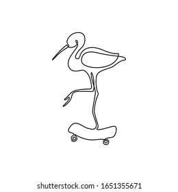 Perón en patineta, dibujo de línea continua, tatuaje pequeño, impresión para diseño de ropa y logo, emblema o logo, silueta de una línea única, ilustración abstracta aislada del vector.