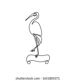 Heron on a skateboard, continuous line drawing, small tattoo, print for clothes and logo design, emblem or logo design, silhouette one single line, isolated abstract vector illustration.