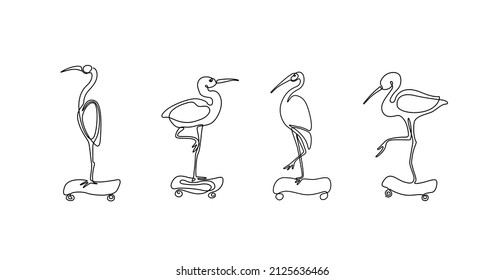 Heron on a skateboard, continuous line drawing, small tattoo, print for clothes and logo design, emblem or logo design, silhouette one single line, isolated abstract vector illustration.