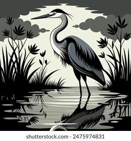 heron on water black silhouette logo vector, heron on water icon illustration.