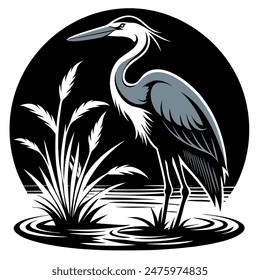 Heron auf Wasser Schwarz Silhouette Logo Vektorgrafik, Heron auf Wasser Ikone Illustration.