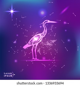 heron. Polygonal wireframe heron silhouette on gradient background. Space, futuristic, zodiac concept. Shine neon style vector illustration