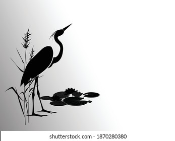 Heron in reeds stands against group water lilies  Silhouette vector illustration
