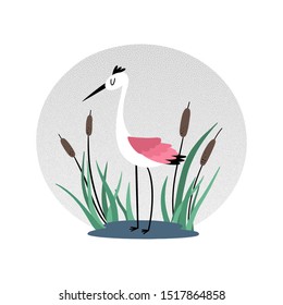 Heron in reeds. Vector illustration in flat style with texture.
