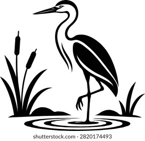 Heron in Ripples, Heron Standing in Water with Cattails Black and White Illustration