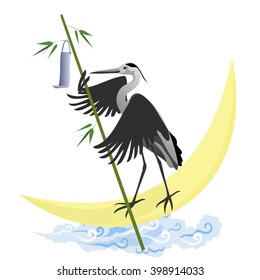 Heron sailing the moon. Hand drawn vector illustration on Tanabata Japanese folklore.