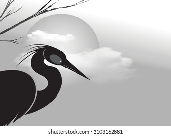 A heron silhouette against the backdrop of a sky with clouds and a large circle of the sun. Vector drawing. 