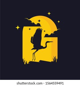 Heron Silhouette Logo Design Template