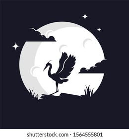 Heron Silhouette with Moon Background Logo Template