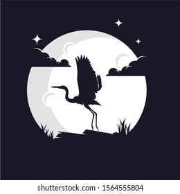 Heron Silhouette with Moon Background Logo Template