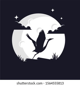 Heron Silhouette with Moon Background Logo Template