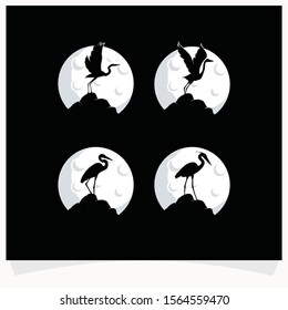Heron Silhouette with Moon Background Logo Design Template