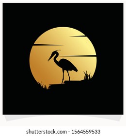 Heron Silhouette with Moon Background Logo Design Template