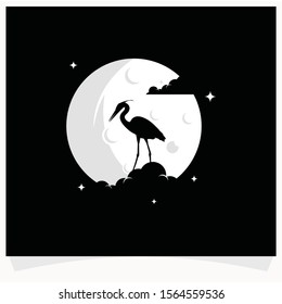 Heron Silhouette with Moon Background Logo Design Template