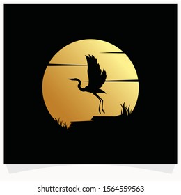 Heron Silhouette with Moon Background Logo Design Template