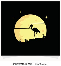 Heron Silhouette with Moon Background Logo Design Template