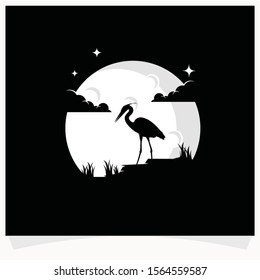Heron Silhouette with Moon Background Logo Design Template