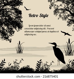 Heron silhouette on lake on retro style background, vector illustration