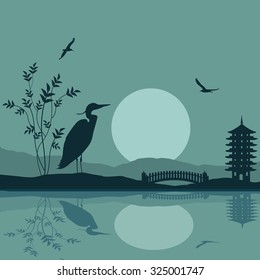 Heron silhouette on river at beautiful asian place on blue, vector illustration