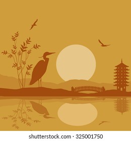 Heron silhouette on river at beautiful asian place on orange, vector illustration