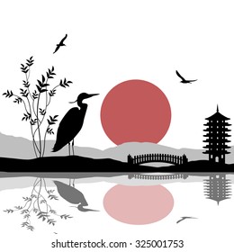 Heron silhouette on river at beautiful asian place on white, vector illustration