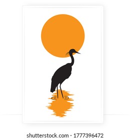 Heron silhouette on sunset, vector illustration. Scandinavian minimalist art design. Poster design, wall artwork, wall decals. 
