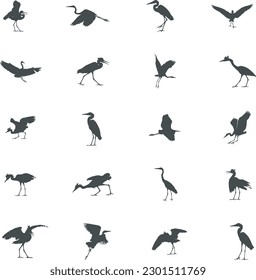 Heron silhouette, Heron SVG, Heron vector illustration, Bird silhouette, Heron icon set svg