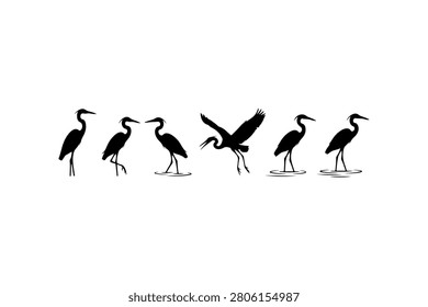 Heron Silhouette Vector Icon Collection Set