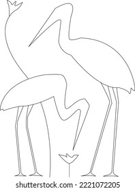 Heron silhouette. Vector line art white herons. Contour herons on a white background