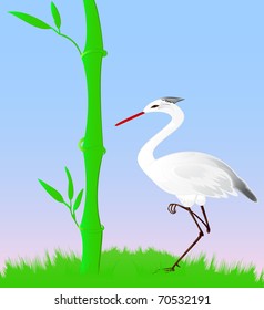 Heron standing on one leg in a meadow with a fragment of a bamboo branch