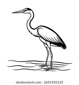 A heron standing in water with a long beak legs bird outline