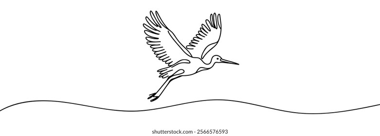 Heron stork single continuous one line out line vector art drawing on white background