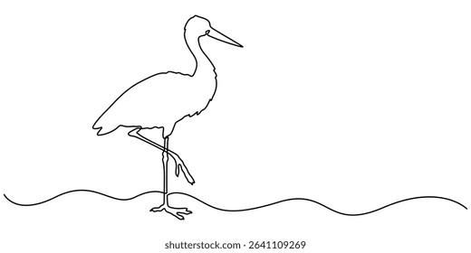 Heron stork single continuous one line out line vector art drawing on white background, Continuous one single minimal line drawing Cranes, Stork bird continuous one line drawing minimalism design.