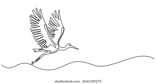 Heron stork single continuous one line out line vector art drawing on white background, Continuous one single minimal line drawing Cranes, Stork bird continuous one line drawing minimalism design.