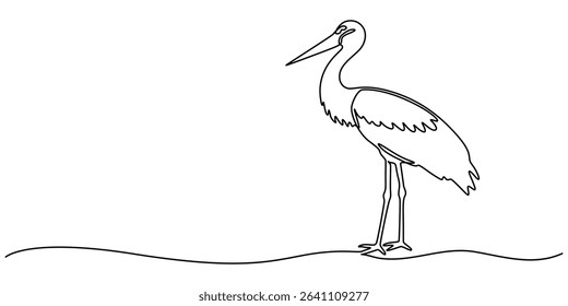 Heron stork single continuous one line out line vector art drawing on white background, Continuous one single minimal line drawing Cranes, Stork bird continuous one line drawing minimalism design.
