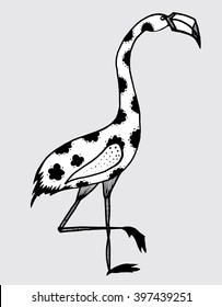 Heron. Stylized bird. Line art. Black and white drawing by hand. Tattoo.